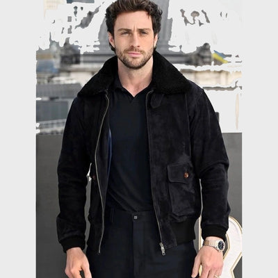 Aaron Taylor-Johnson Suede Aviator Bomber Jacket