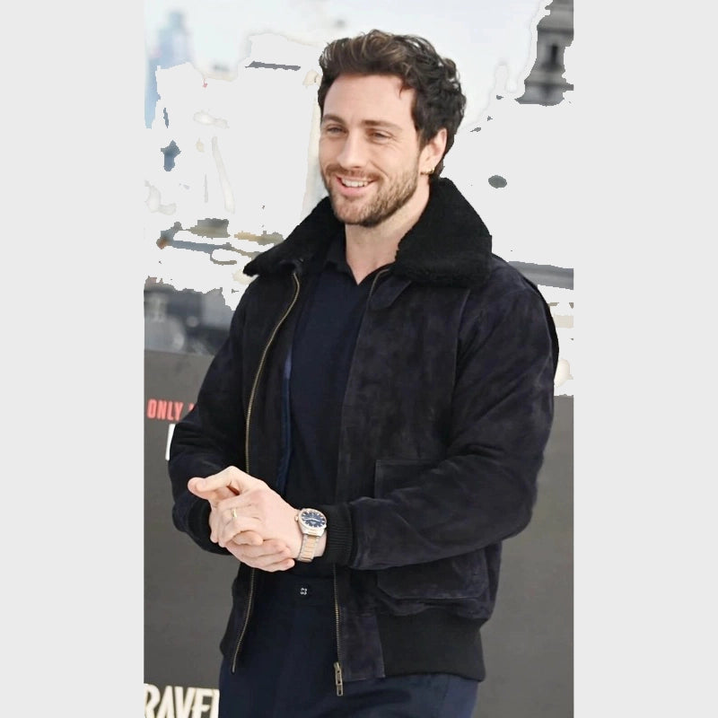 Aaron Taylor-Johnson Suede Aviator Bomber Jacket