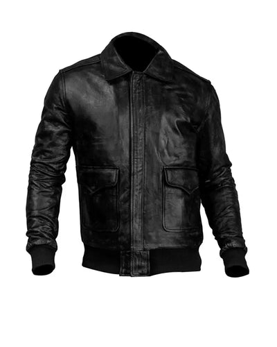 Mens Real Sheepskin Leather Bomber Jacket Solid Black