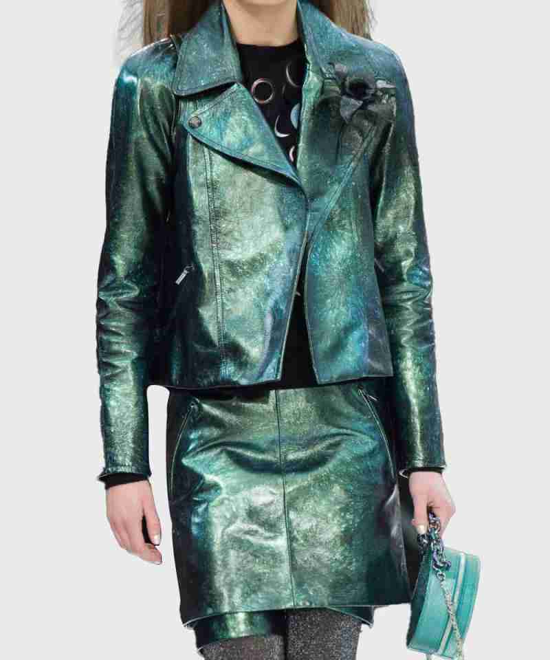 Emily In Paris Emily Cooper Green Metallic Moto Jacket