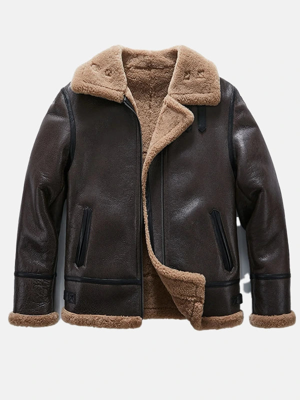 Men Brown Sheepskin B-3 Bomber Shearling Flight Jacket