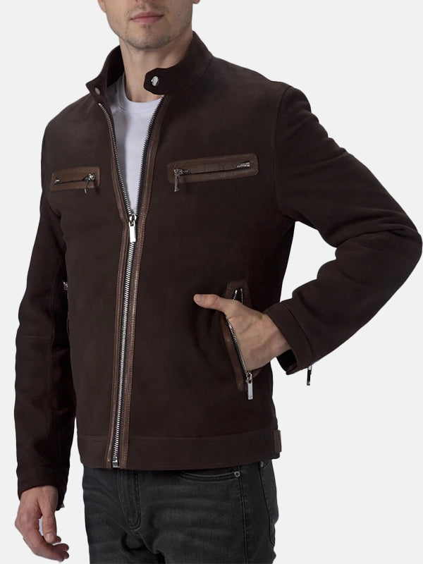 Men’s Brown Suede Leather Cafe Racer Jacket