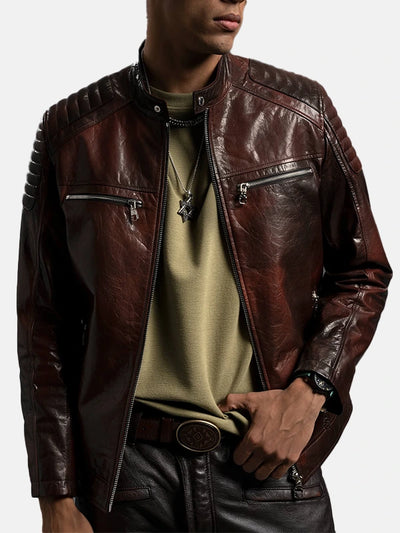 Men’s Reddish Brown Café Racer Leather Moto Jacket