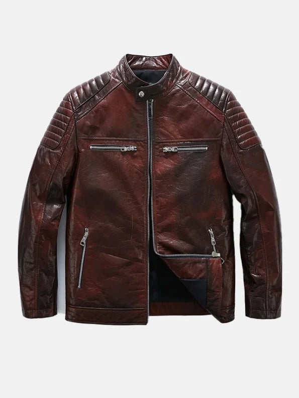 Men’s Reddish Brown Café Racer Leather Moto Jacket