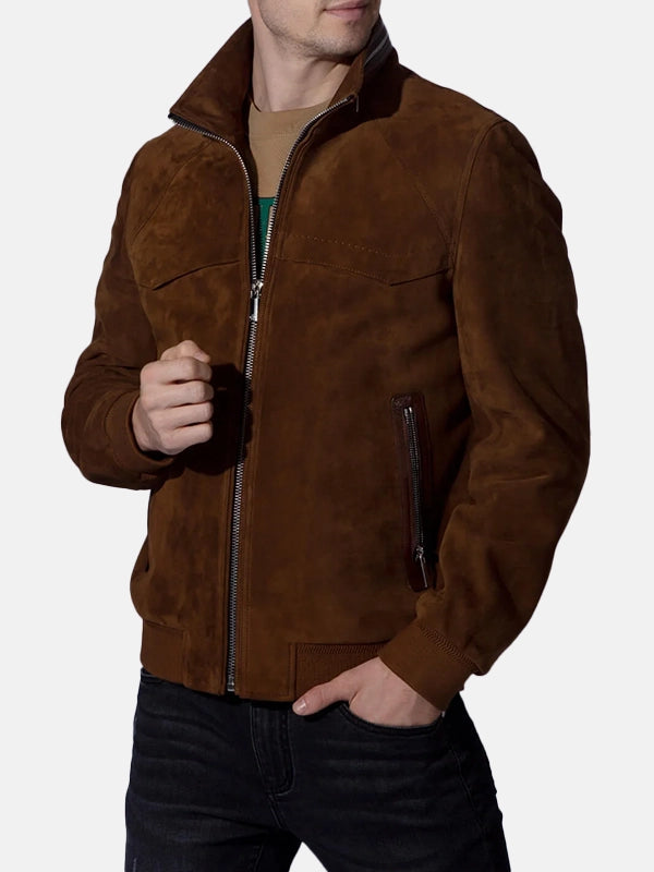 Men’s Vintage Suede Brown Leather Trucker Bomber Jacket