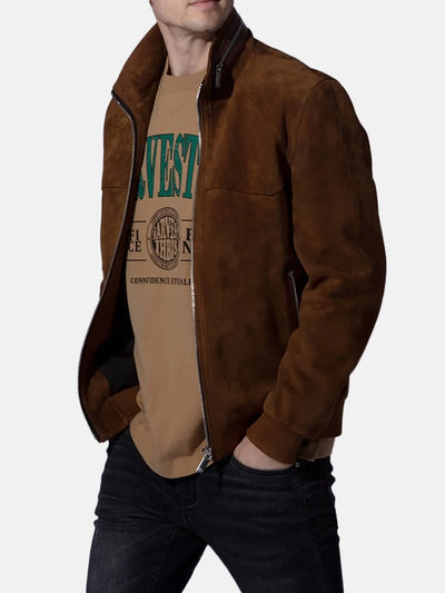 Men’s Vintage Suede Brown Leather Trucker Bomber Jacket