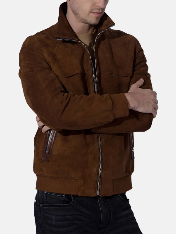 Men’s Vintage Suede Brown Leather Trucker Bomber Jacket