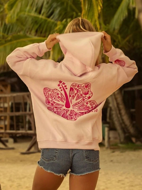 Pink Palm Puff Hawaii Hibiscus Hoodie