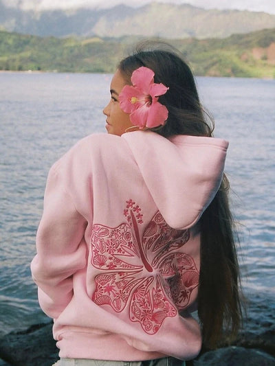 Pink Palm Puff Hawaii Hibiscus Hoodie