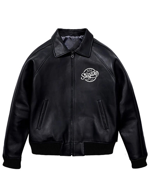 Stegaro Black Real Leather Bomber Jacket