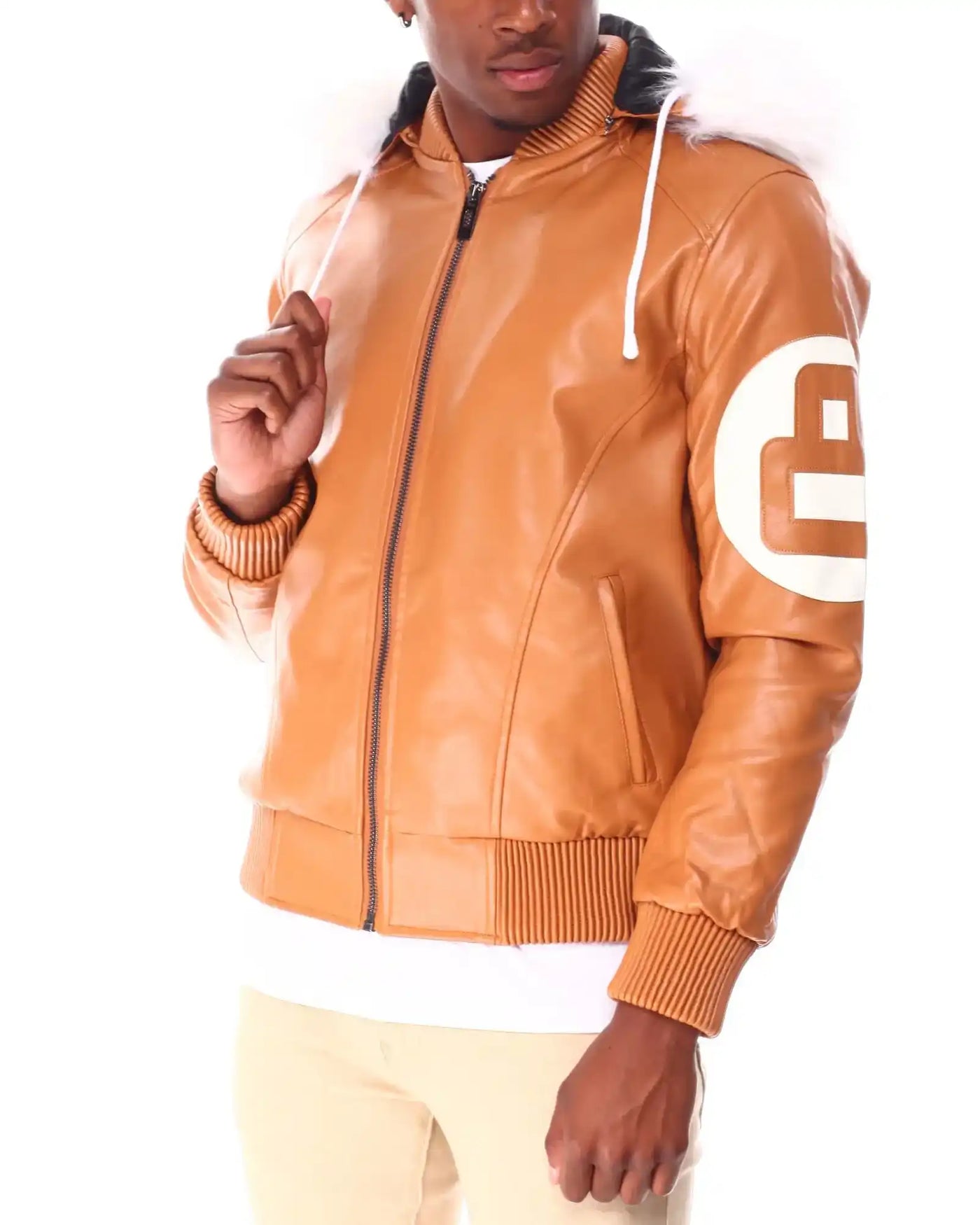 Unisex 8 Ball Orange Fur Hooded Leather Jacket