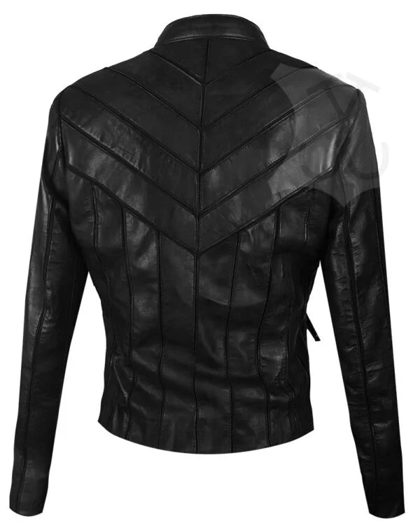 Women V-Style Biker Leather Jacket