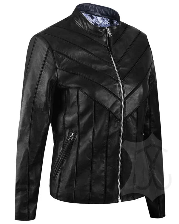 Women V-Style Biker Leather Jacket