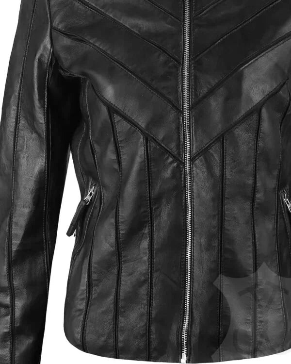 Women V-Style Biker Leather Jacket