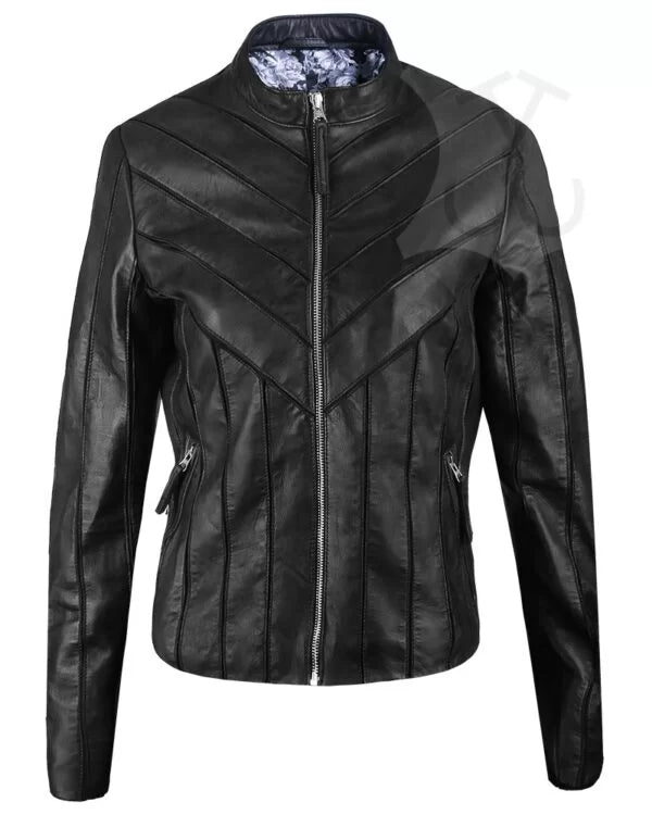 Women V-Style Biker Leather Jacket