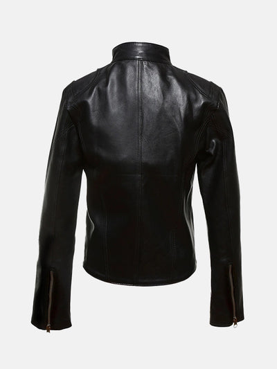 Women’s Belted Collar Black Leather Jacket