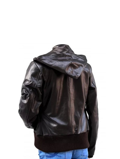 Women’s Brown Hooded Leather Bomber Jacket