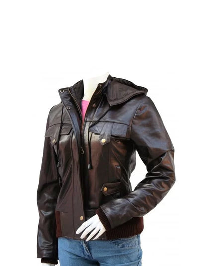 Women’s Brown Hooded Leather Bomber Jacket