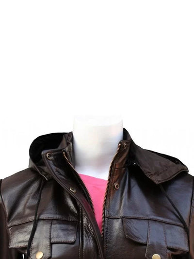 Women’s Brown Hooded Leather Bomber Jacket