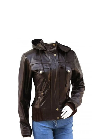 Women’s Brown Hooded Leather Bomber Jacket