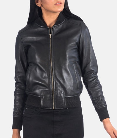 Women’s Fancy Leather Black Bomber Jacket