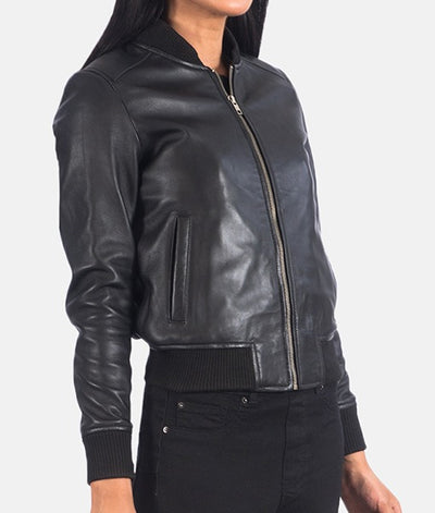 Women’s Fancy Leather Black Bomber Jacket
