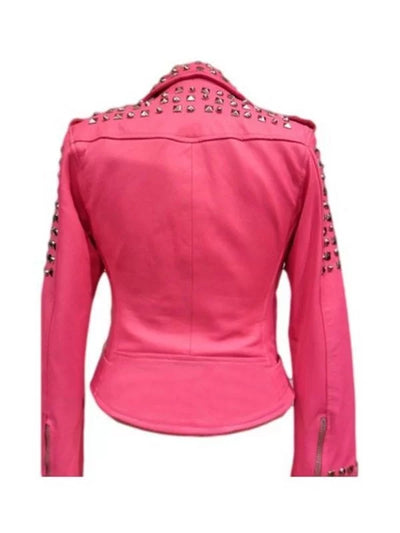 Women’s Golden Studded Pink Biker Leather Jacket