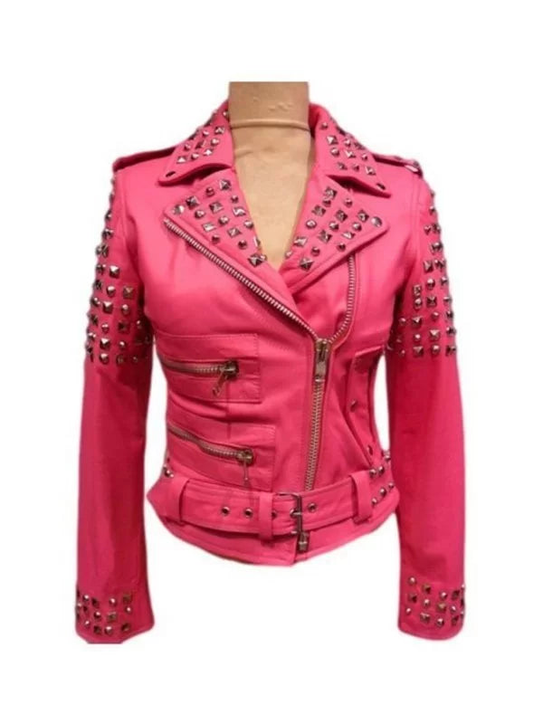 Women’s Golden Studded Pink Biker Leather Jacket