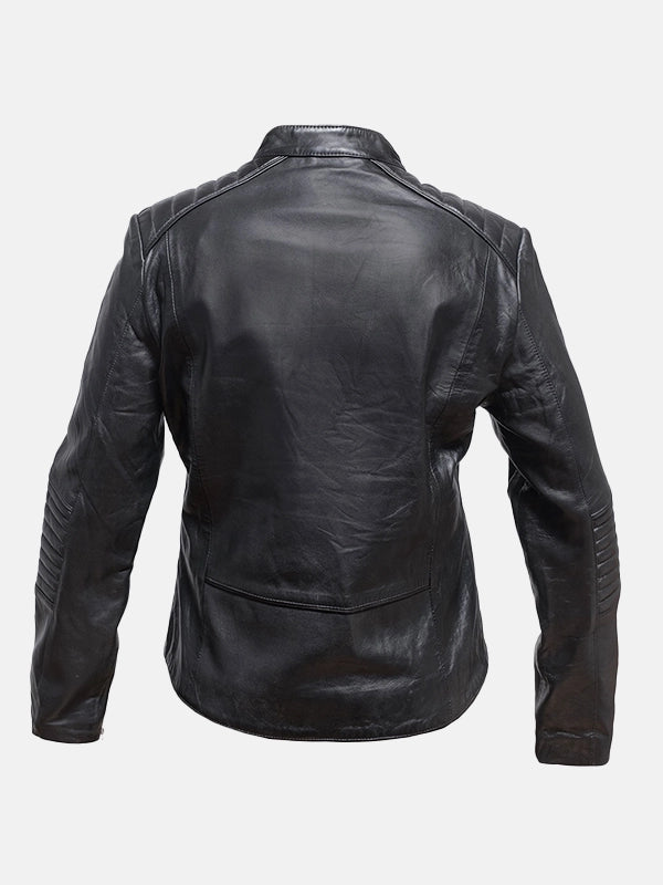 Women’s Snap Tab Collar Black Leather Jacket