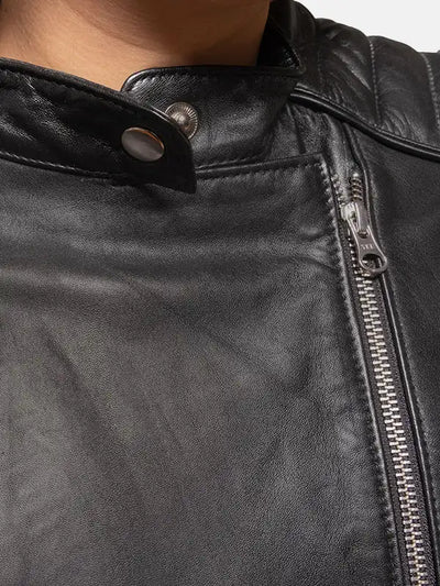 Women’s Snap Tab Collar Black Leather Jacket