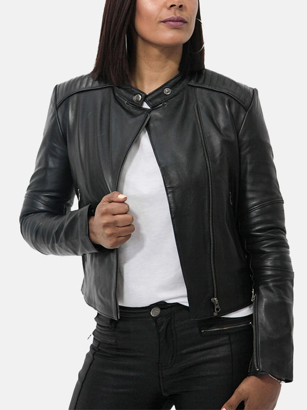 Women’s Snap Tab Collar Black Leather Jacket