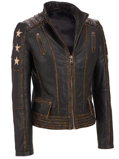 Women’s Stars and Stripes Aged Brown Leather Jacket