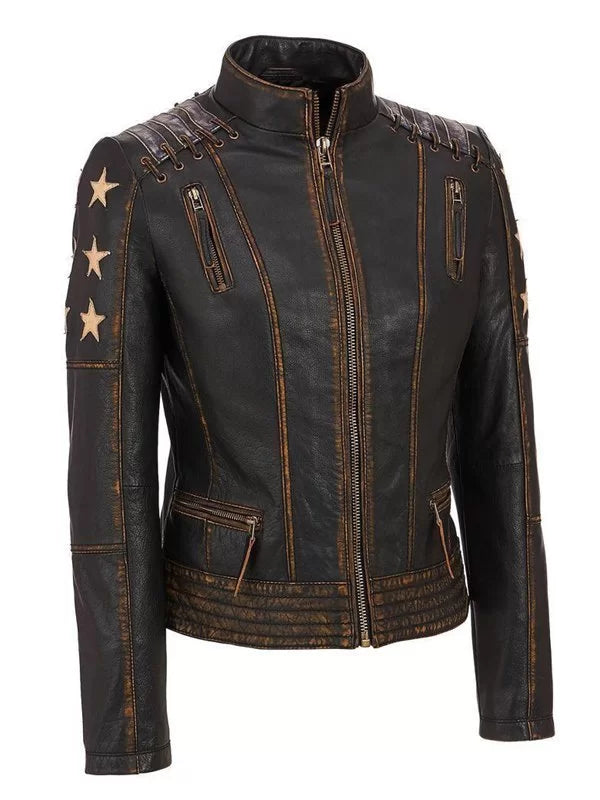 Women’s Stars and Stripes Aged Brown Leather Jacket